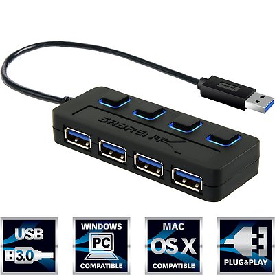 Sabrent HB-UM43 4-Port USB 3.0 Hub w/ Individual Power Switches and LEDs S-Speed