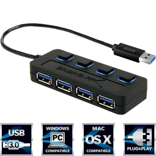 Sabrent HB-UM43 4-Port USB 3.0 Hub w/ Individual Power Switches and LEDs S-Speed