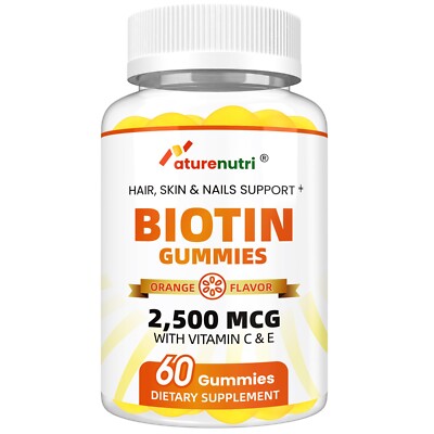 Biotin Gummies 2500mcg - Vitamin C & E, Orange Flavor, 60 Gummies