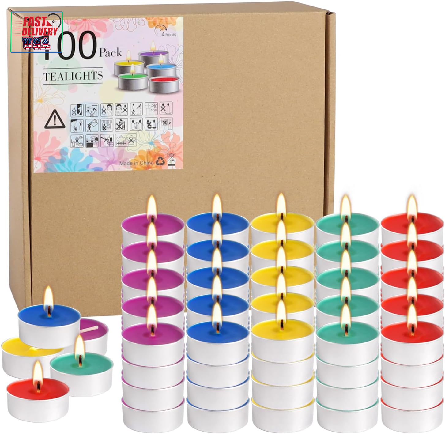 100-Pack Assorted Color Unscented Tealight Candles in 5 Smokeless Colors - Bulk Set