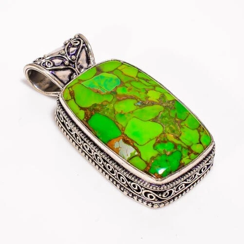 Green Turquoise Vintage Handmade 925 Sterling Silver Pendant 1.9