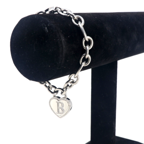QVC Steel by Design Pave Heart Initial "B" Rolo Link Stainless Charm Bracelet - Picture 4 of 5