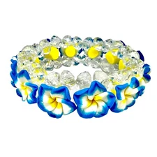 Hawaiian Blue and White Fimo Plumeria Flower With Clear Beads Elastic Bracelet