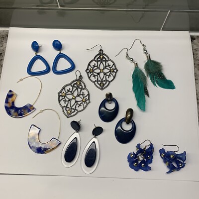 Lot Of 7 Costume Earrings Pierced Dangle Some Blue