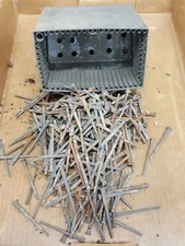 LOT antique 350+ IRON SQUARE NAILS early w METAL TOOL BOX CADDY hardware tools