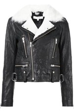 Iro Noemie Shearling Trimmed Textured Leather Biker Jacket Fr 36 Uk 8