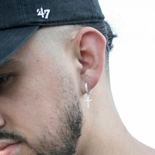 Sterling Silver Simulated Diamond Small Cross Dangle Huggie Earrings For Men