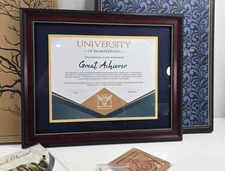 Wooden College Diploma Frame 8.5 x 11 - Blue Mat With Golden Rim New