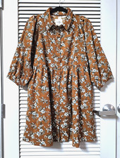 3/4 camel corduroy floral button down shirt dress M