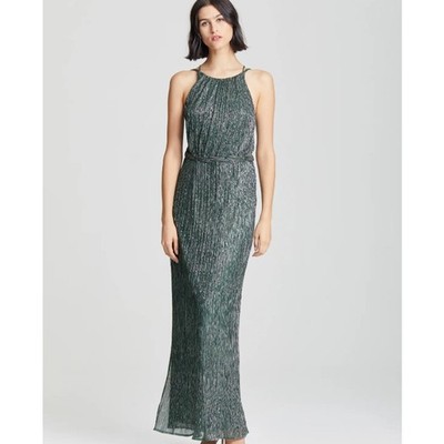 Halston Agave Green Braided Waist Back Zip Sleeveless Evening Gown Womens 2