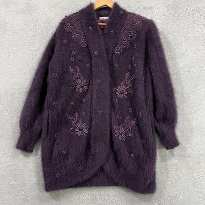 Vintage BIG STAR Keo Sung Fuzzy Cardigan Angora Sweater Sequin Embroidered 90s