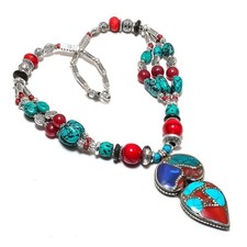 Collana Corallo Turchese Lapislazzuli Fatta a Mano Perline Gioielli Vintage 1...