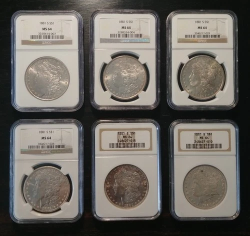 LOT of SIX  1881-S Morgan Silver $1 Dollar Coins NGC Certified MS64