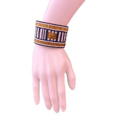 Southwest-Inspired Beaded Womens Blue/Gold Cuff Bracelet Geometric Pattern