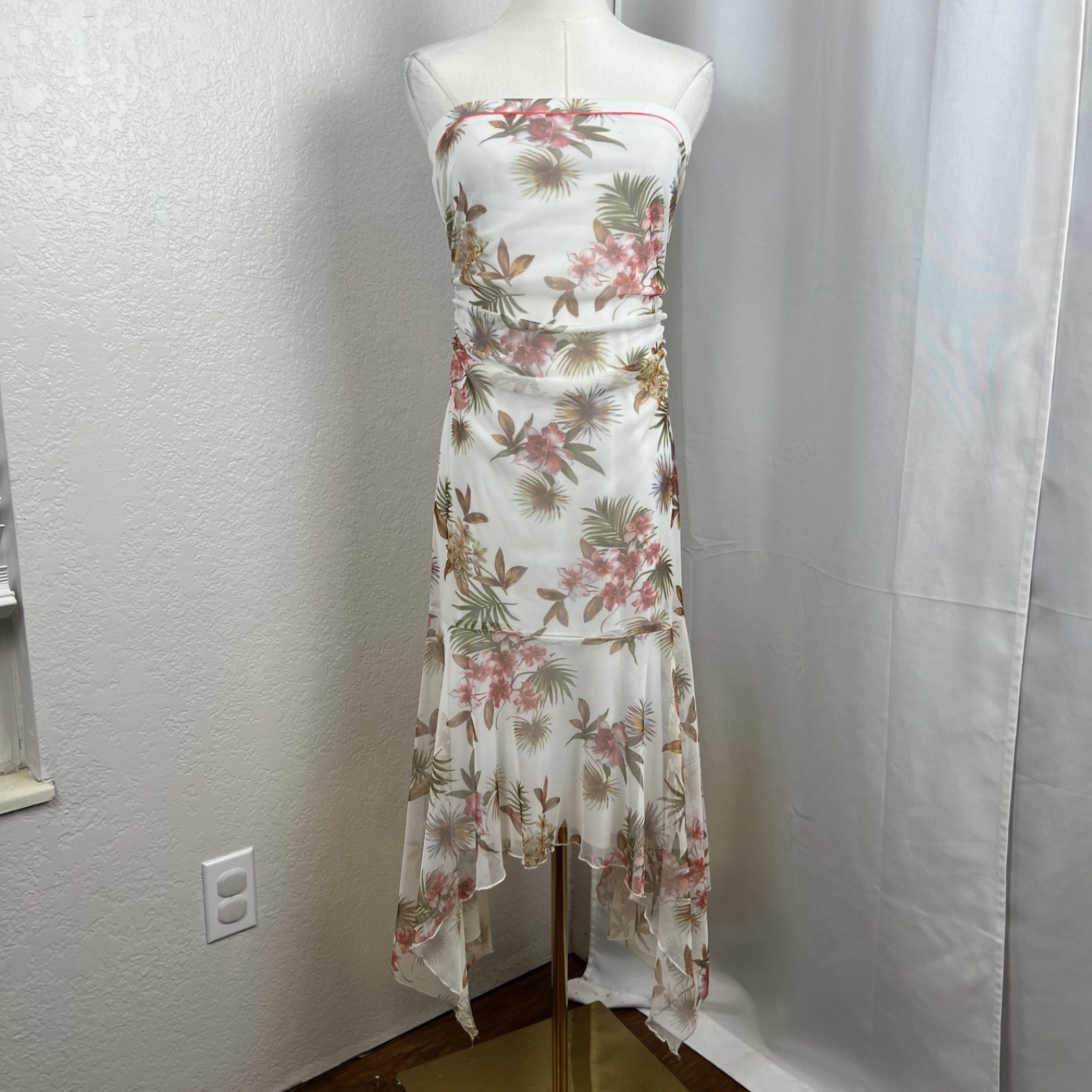 VTG City Triangles Dress Womens Medium Strapless Floral Hanky Hem Fairy Cottage