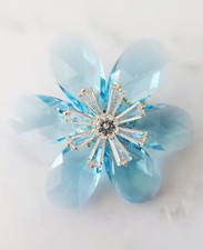 Light Blue Flower Brooch Pin with Clear Rhinestones and Gold Tone Setting