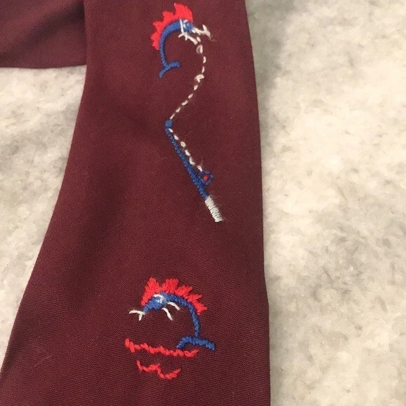 Vintage Wembley Tie Mens Burgundy Fly Fishing Embroidery Retro Outdoor Made USA - Image 2 of 4
