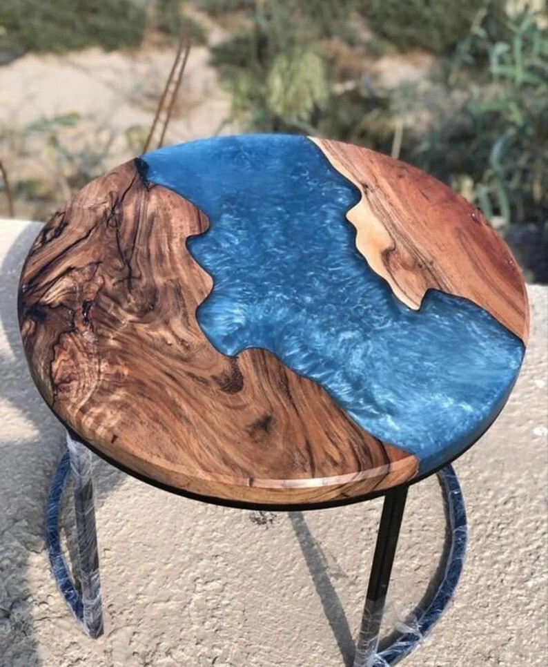 Blue Epoxy Resin Table Top, Coffee Center Epoxy Table, Sofa Side Table Decors