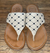 Tory Burch Tan Pebbled Leather Thong Sandal with Blue Mini Logo, Size 7