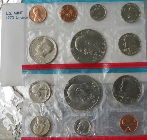 1973 Annual P and D US Mint Uncirculated 13 Coin Set BU Coins with Ike $1 Dollar