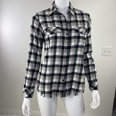 CURRENT & ELLIOTT PERFECT PLAID SZ 1 (S) FLANNEL BUTTON UP FRINGE TAN/BLACK/CREA