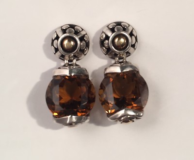 John Hardy Sterling Silver 18K Batu Sari Round Cognac Quartz  Drop Earrings