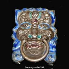 4.5cm Old Silver Cloisonne Enamel Fengshui Dragon Head Belt Buckle Amulet Statue