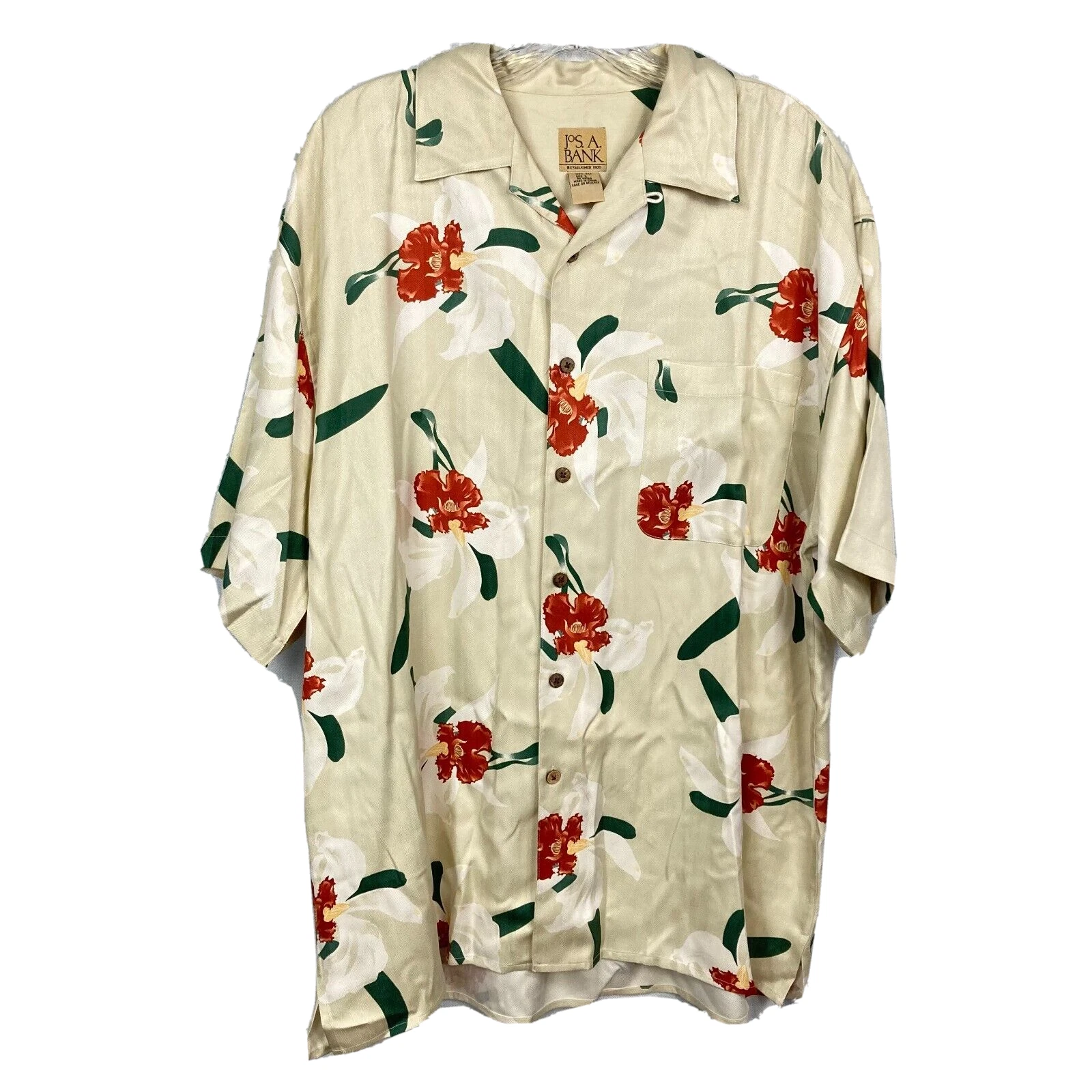 Jos. A. Bank Shirt Mens Sz L Beige Red Tropical Hawaiian Floral Silk Button Up