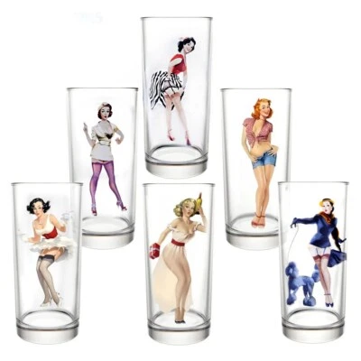 SET OF 6 Pin-Up Girls Tall Drinking Highball Tumbler Pop Art Glasses 6x10 oz