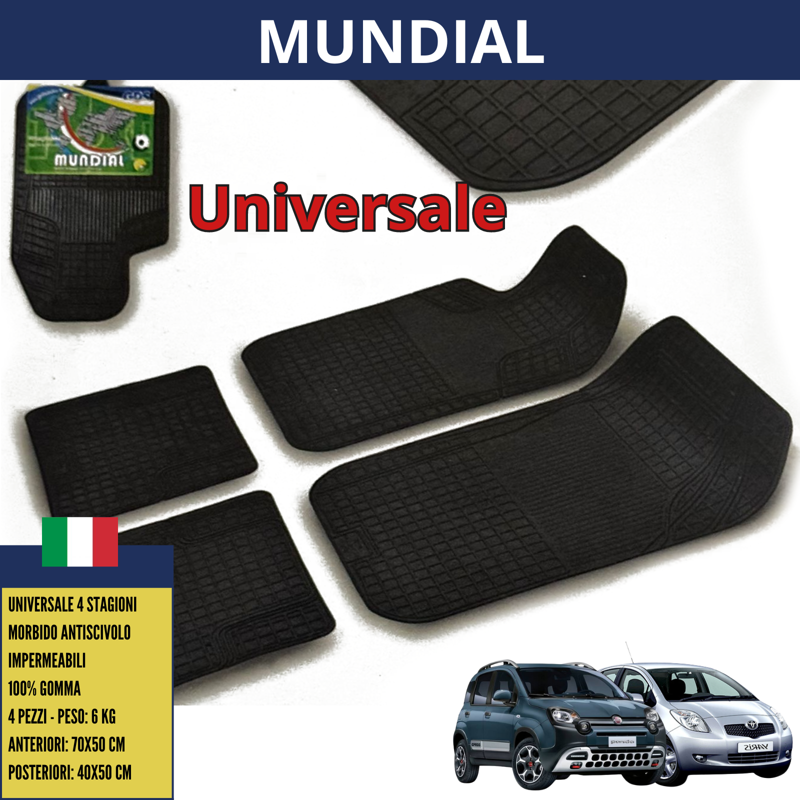 Tappetini Per Auto Universali Gomma Set 4 Pz Tappeti Antiscivolo Nero Mundial