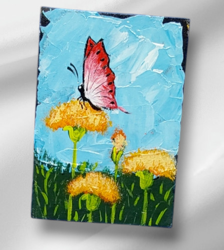 ACEO Butterfly on a Dandelion 10 Original Painting Gift Art Handmade Postcard