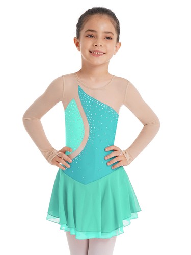 Girls Long Sleeve Glitter Rhinestone Mesh Splice Figure Ice Skating Dance Dress - Bild 39 von 79