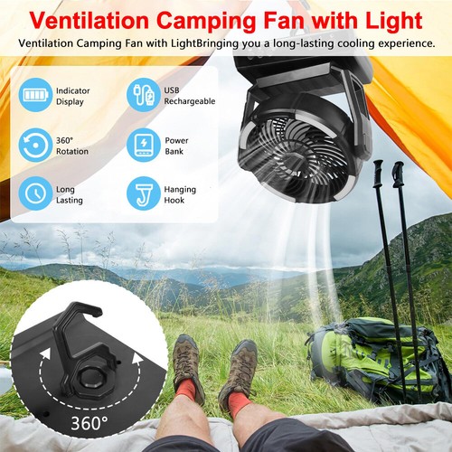 Outdoor Portable Fan Tent w/ Light Rechargeable Hanging Camping Lantern & Remote - Picture 13 of 22