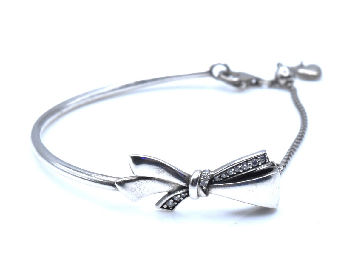 Pandora Sterling Silver Brilliant Bow Bangle Bolo Bracelet