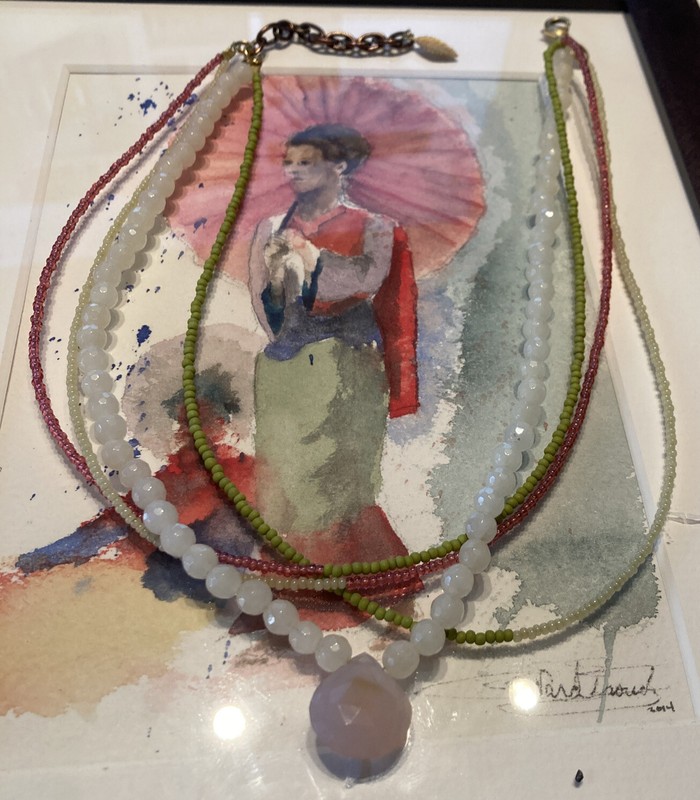 David Aubrey Mother of pearl, Rose Quartz  and seed vintage necklace.