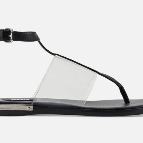 DKNY Ava Leather Ankle Strap Thong Sandals Women's Size 6 Black NWT Vinyl - Picture 3 of 7