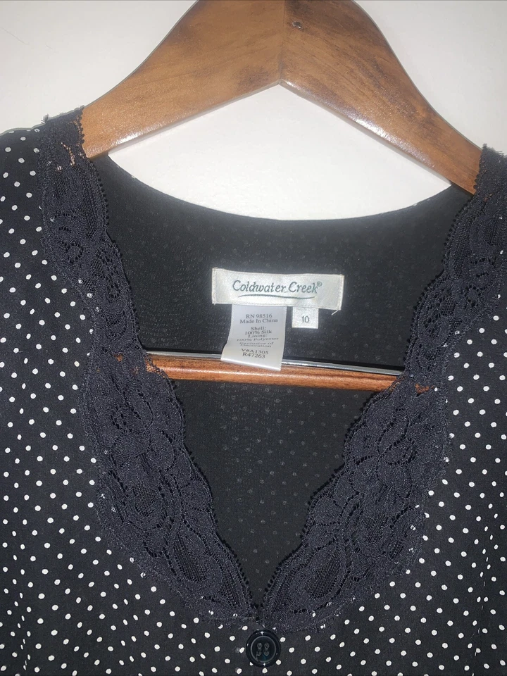 Coldwater Creek Silk Midi Dress Womens 10 Black Polka Dot Lined Lace Pin Up - Image 2 of 4