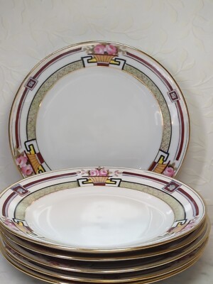NIPPON porcelain Bread plate Set 6 gold trimmed hand painted purple pink 6.5'' 