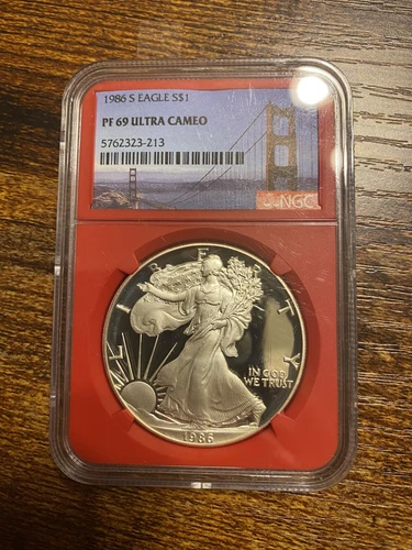 1986 S PROOF SILVER EAGLE NGC PF69 ULTRA CAMEO GOLDEN GATE BRIDGE LABEL RED CORE