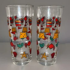 VINTAGE Sandcastle Bucket Bird Fish HIGHBALL GLASSES Set Of 2 THAILAND BARWARE