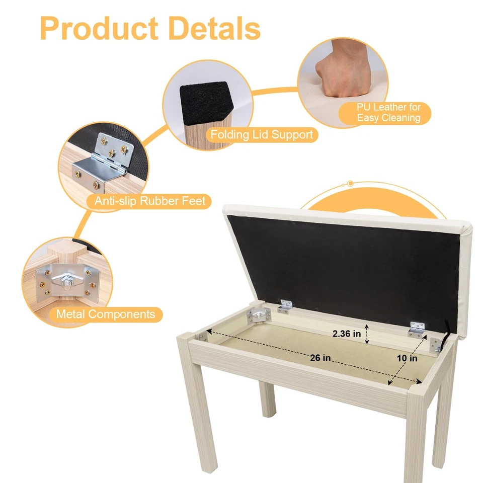 Banco acolchoado para piano dueto com armazenamento - Assento tufado de madeira maciça, damasco - Imagem 4 de 4