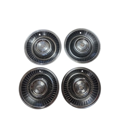 Vintage Cadillac Hubcaps Set of 4 Chrome Wheel Covers Turbine Crest Emblem