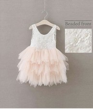 Girls' White Pink Lace Tulle Flower Girl Formal Dress with Floral Appliqu  Sz 6