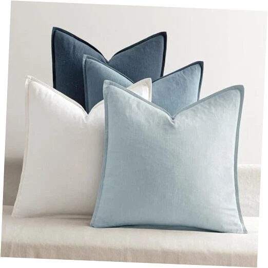 Linen Pillow Covers - Pack of 4 - Decorative Natural 20" x 20" - Blue