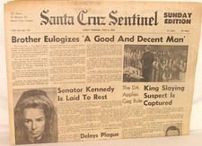 Santa Cruz Sentinel June 9, 1968 "Senator Kennedy Laid to Rest" - Sunday No. 135