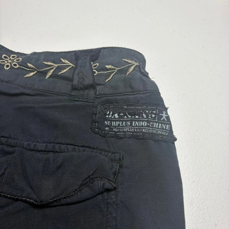 Y2K редкая заниженной Da-Nang излишки черный шелк желтовато-коричневый вышитый цветочный грузовой брюки - Изображение 4 из 4