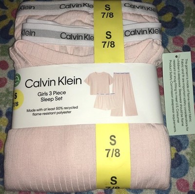 CALVIN KLEIN 3 Piece Sleep Set Crystal Pink SMALL 7/8 Pajamas Girls Kids NWT New