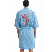 Vintage Dragon Embroidered Kimono Robe Jacket Blue Belted Lounge Coat Unisex L