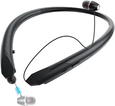 Neckband Bluetooth Headphones with Wireless Retractable Earbuds, Built-In Mic &