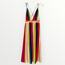 TR Notes Women Sleeveless Dress Midi Empire Waist With Rainbow Stripes Lined NEW